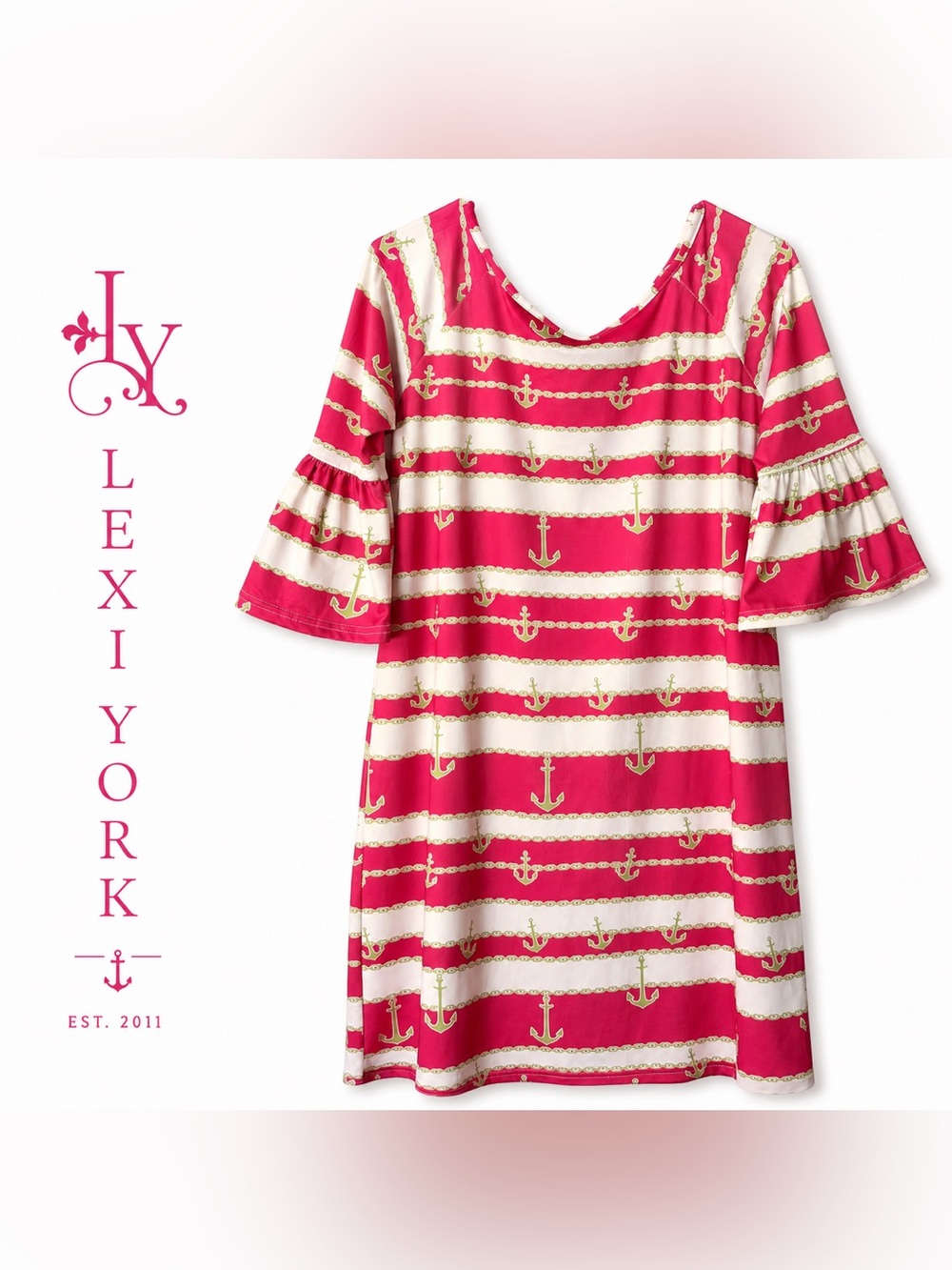 Lexi York Pink and green Nautical Anchor Bell Sleeve Dress Size Small